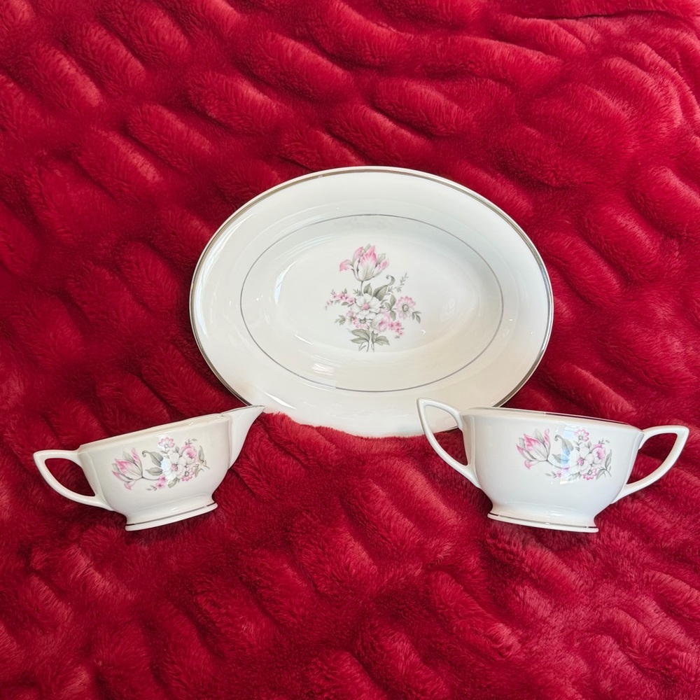 Vintage Pink Floral Serving Bowl Creamer Sugar Embassy USA Vitrified China Set